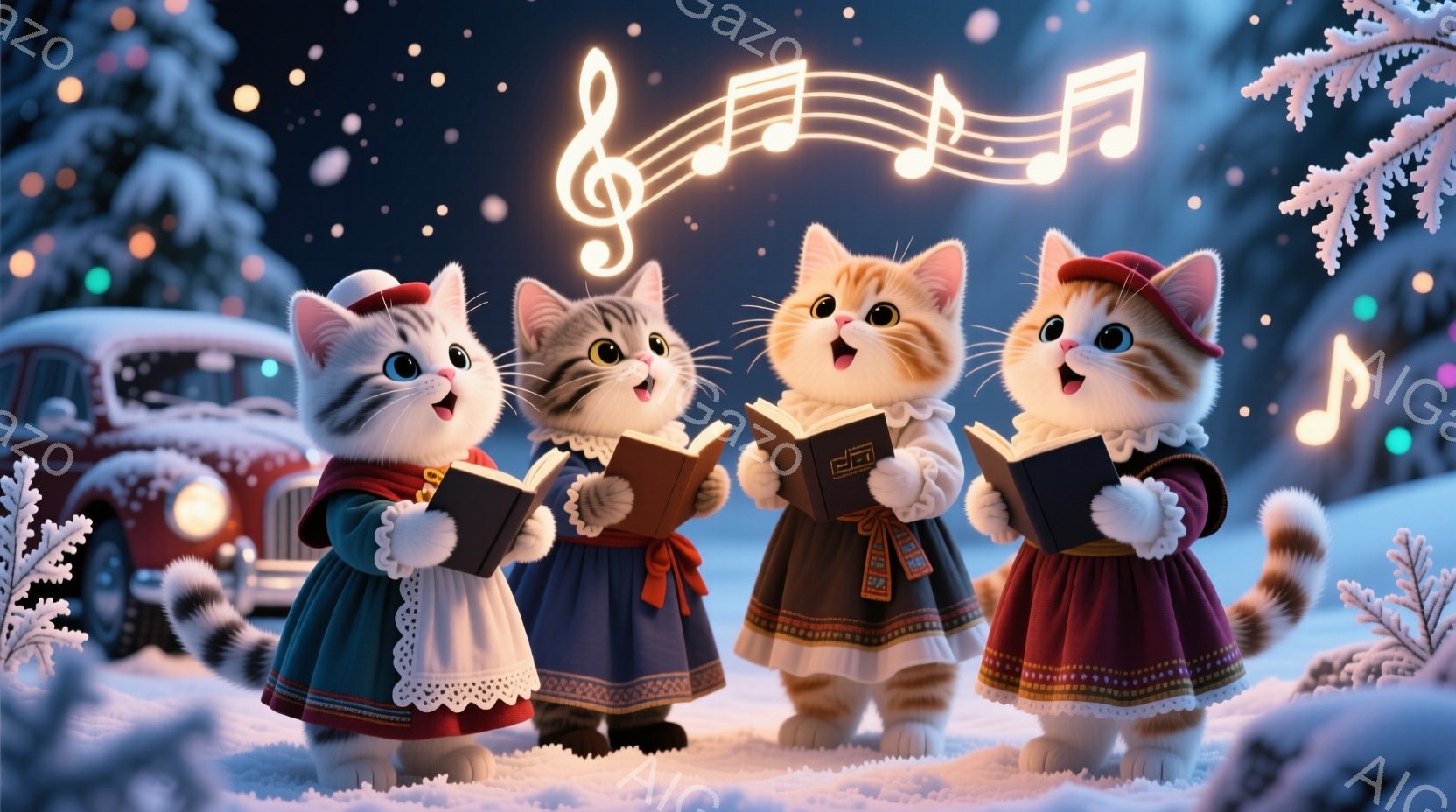 雪景色の中で歌を歌う４匹の猫が描かれています。猫たちはそれぞれ異なる色の伝統的な衣装を着ており、顔には楽しそうな表情が浮かんでいます。背景には、クリスマスツリー、赤い車、そして雪が降る夜空が見え、温かく幻想的な雰囲気が漂っています。