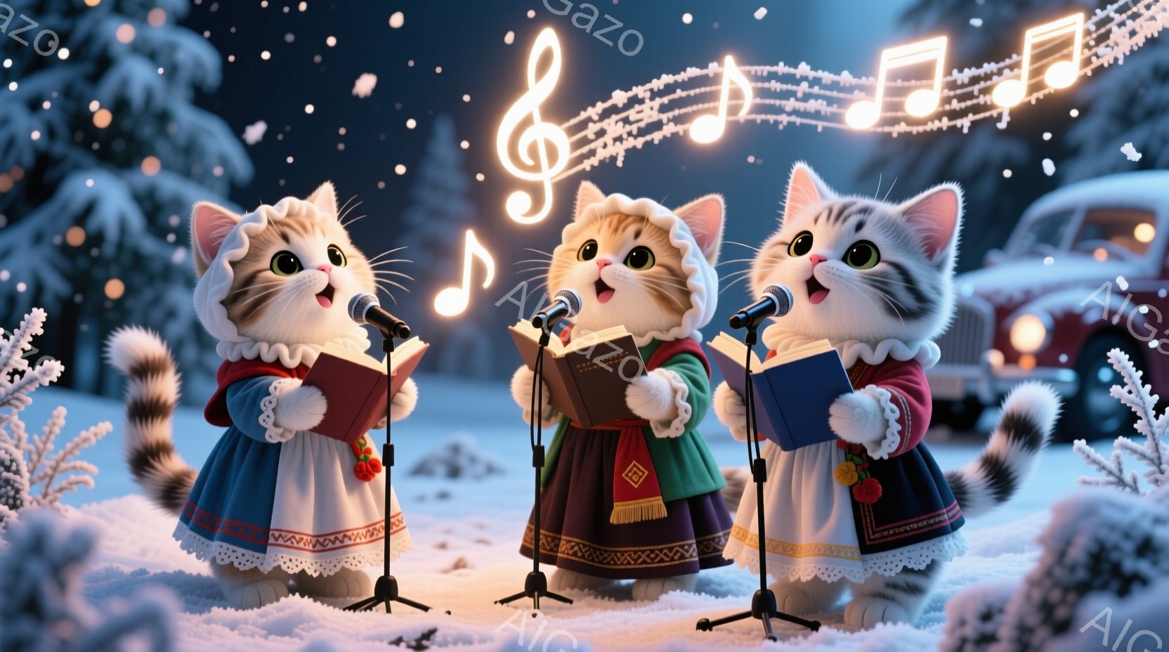 三匹の猫がクリスマスソングを歌う様子が描かれています。猫たちは赤いスカートと白いブラウスを着ており、それぞれ手に楽譜を持っています。背景には雪景色が広がり、遠くに赤い車が見え、空には音符のイルミネーシ - AI生成フリー素材