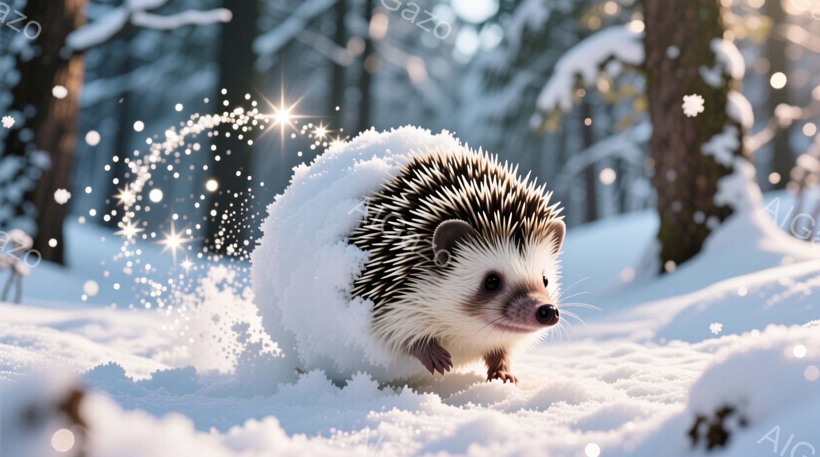 雪の中に可愛らしいハリネズミが丸まっており、雪玉のようになっています。小さな鼻と、少しだけ顔を出している瞳が愛らしい表情を見せています。背景は雪に覆われた森で、冬の静かで穏やかな雰囲気が漂っています。
