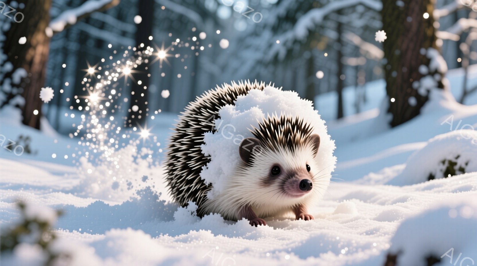 雪景色の中で、丸まって雪を被った可愛らしいハリネズミが写っています。小さな鼻とつぶらな瞳が特徴的で、雪の中でちょこんと座った姿は愛らしいです。背景には木々がぼんやりと見え、冬の静寂で穏やかな雰囲気が漂っています。