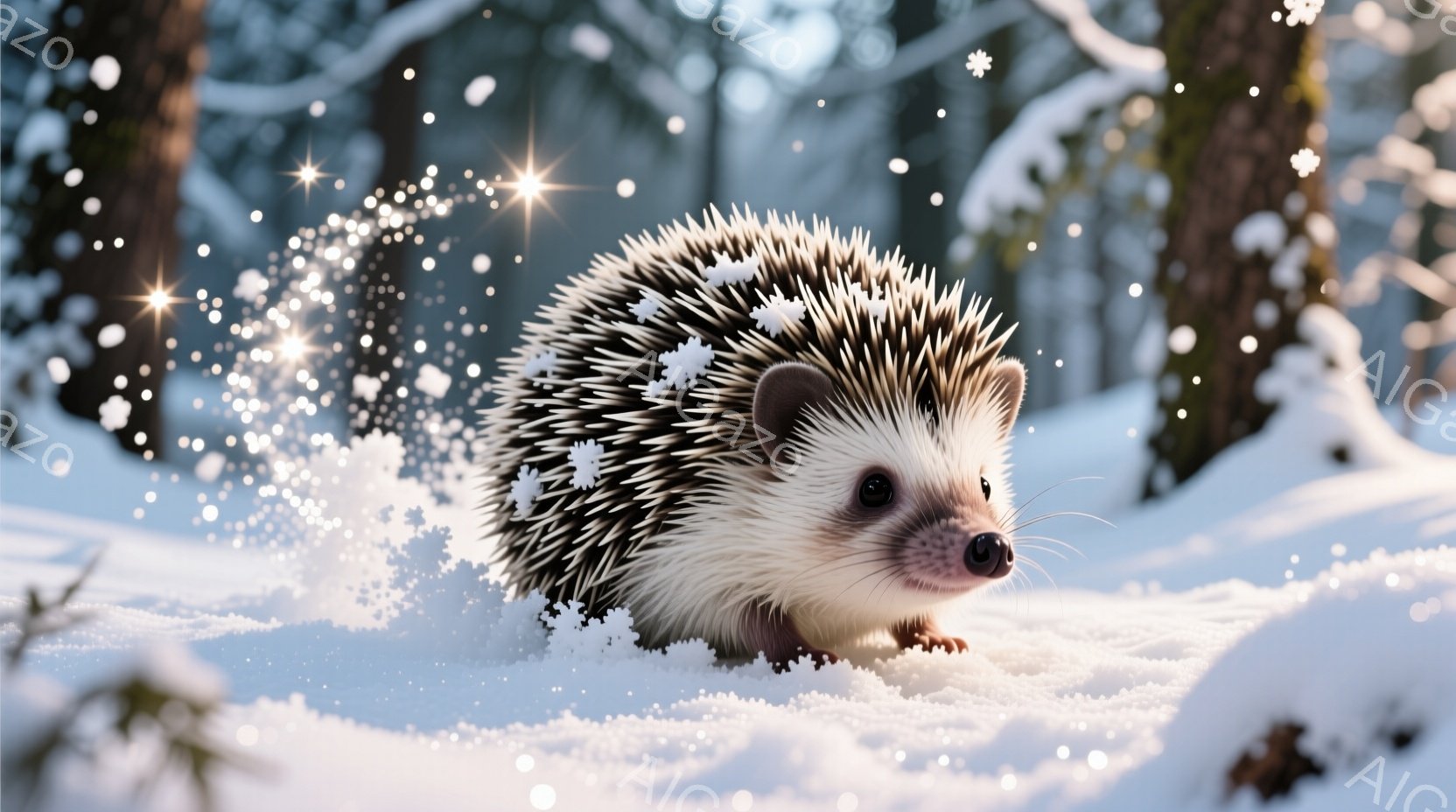 雪景色の中で、可愛らしいハリネズミが前に進んでいる様子が捉えられています。ハリネズミは背中に白い雪を乗せており、小さな鼻と黒い瞳が印象的です。背景には木々がぼんやりと見え、雪が舞い散る冬の静かで幻想的な雰囲気が漂っています。