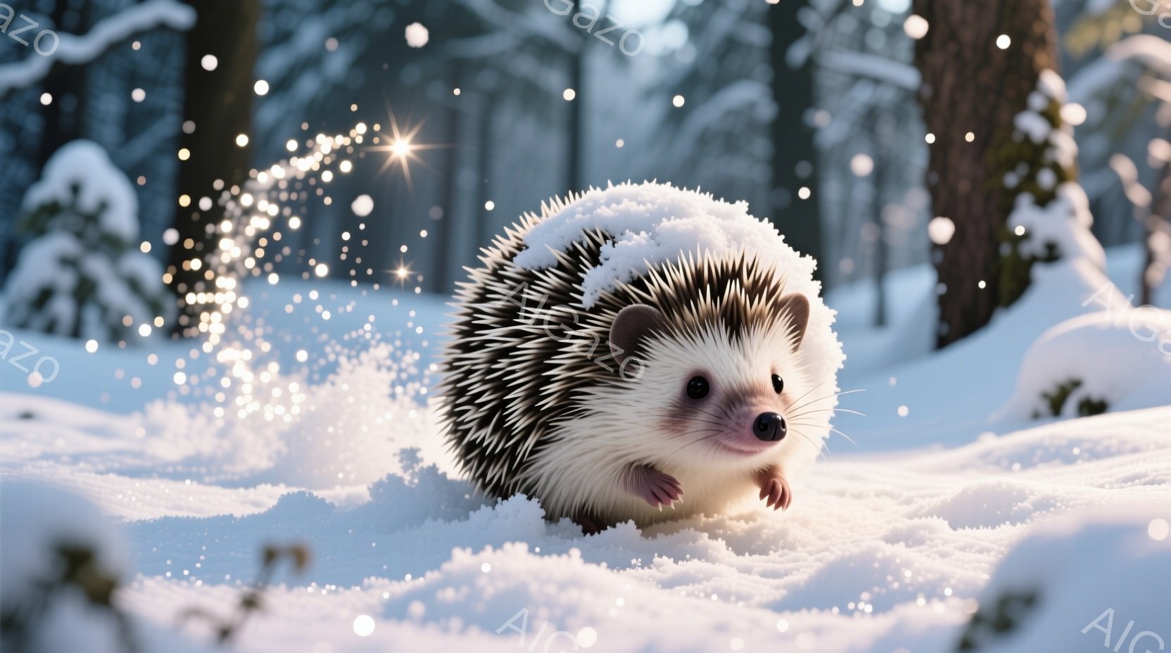 雪に覆われた地面を小さなハリネズミが歩いている。その体には雪が積もり、可愛らしい姿をしている。背景には雪の降る冬の森が広がり、静かで幻想的な雰囲気を醸し出している。
