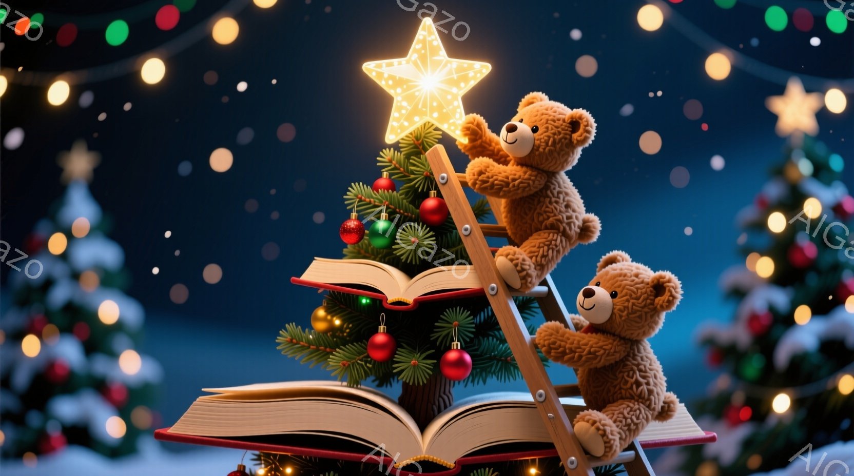 ぬいぐるみ2匹がクリスマスの飾り付けられたモミの木に登る様子が描かれています。片方のクマは木の上に届き、星型のオーナメントを取り付けようとしており、もう片方のクマは梯子に掴まって見守っています。背景にはぼやけたクリスマスツリーや輝く光が散りばめられ、暖かく幻想的な雰囲気が漂っています。