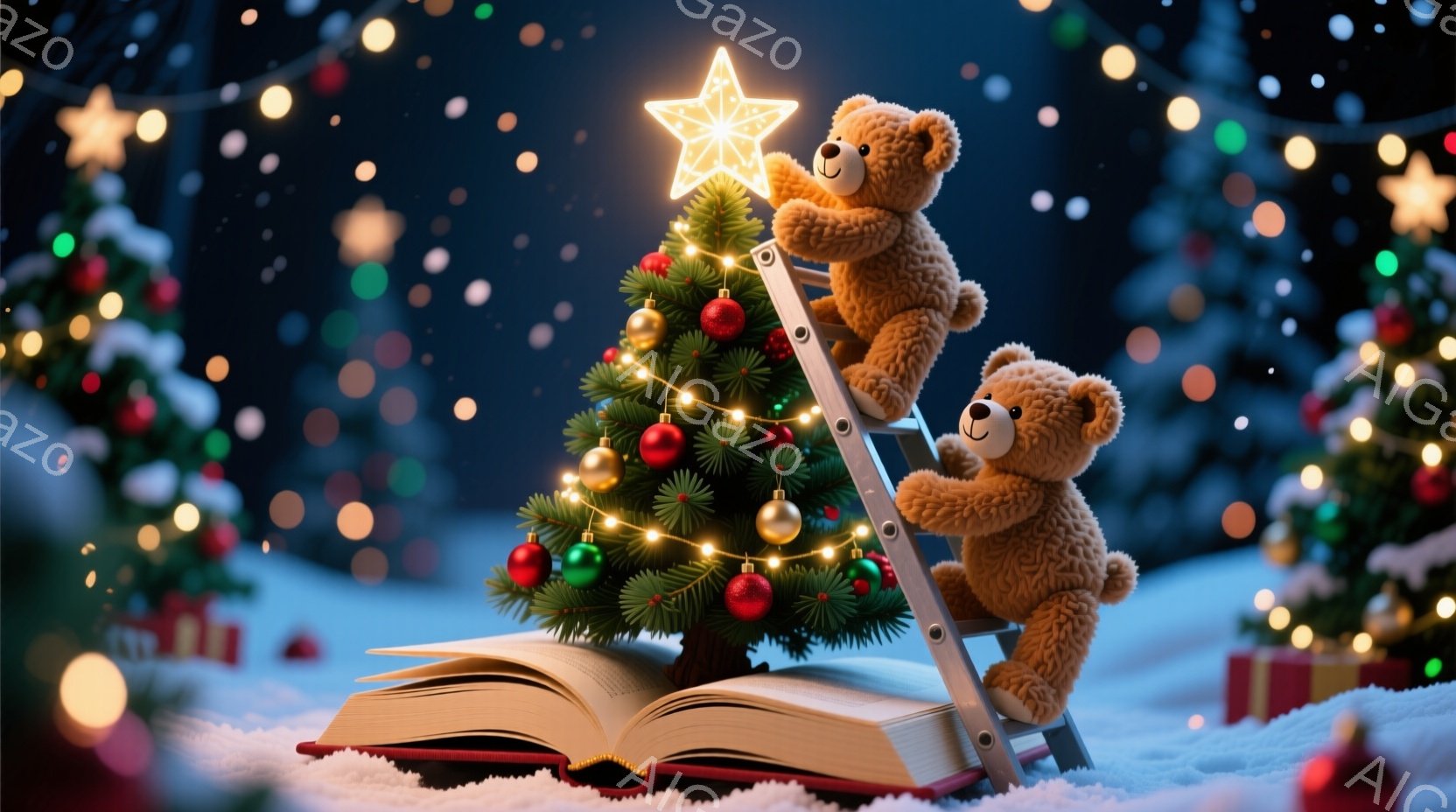 ふわふわの茶色のテディベアが2匹、クリスマスの木に登っています。片方のクマは木の上に立ち、星形のオーナメントを取り付けようとしています。背景には他のクリスマスツリーやプレゼントボックス、雪景色が広がり - AI生成フリー素材