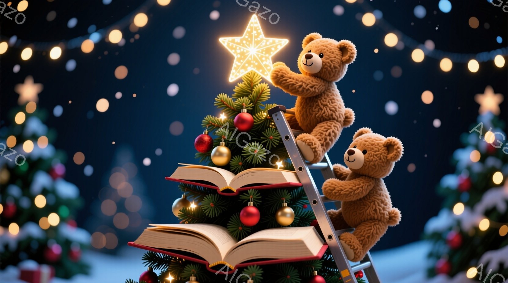 暖炉のそばに積み上げられた本の上に、二匹のテディベアがクリスマスの飾り付けをする様子が描かれています。上の一匹は梯子に登り、輝く星のオーナメントを取り付けようとしており、下の一匹は梯子に寄りかかって見 - AI生成フリー素材
