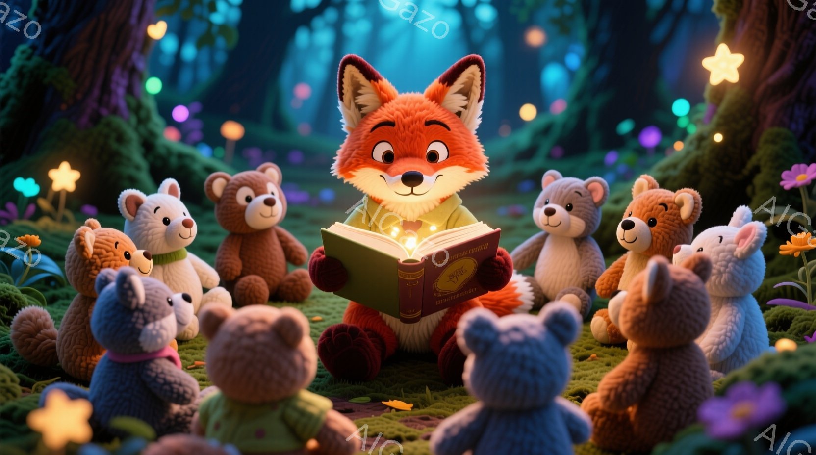 明るい森の中で、オレンジ色のキツネが、集まったクマたちの前で本を読んでいます。クマたちは様々な色で、キツネの周りを円を描くように座り、興味津々な表情で本に耳を傾けています。背景には、幻想的な光を放つキ - AI生成フリー素材