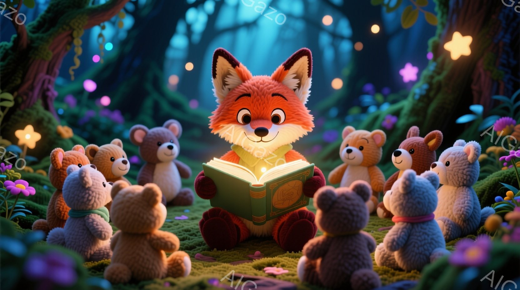 オレンジ色の狐が、緑色の苔の上に座り、開いた本を読んでいます。周りには、緑のスカーフを巻いた可愛らしいクマのぬいぐるみたちが輪になって座り、狐の読み聞かせに耳を傾けています。背景には、鮮やかな花々や木々が生い茂り、幻想的で温かい雰囲気が漂っています。