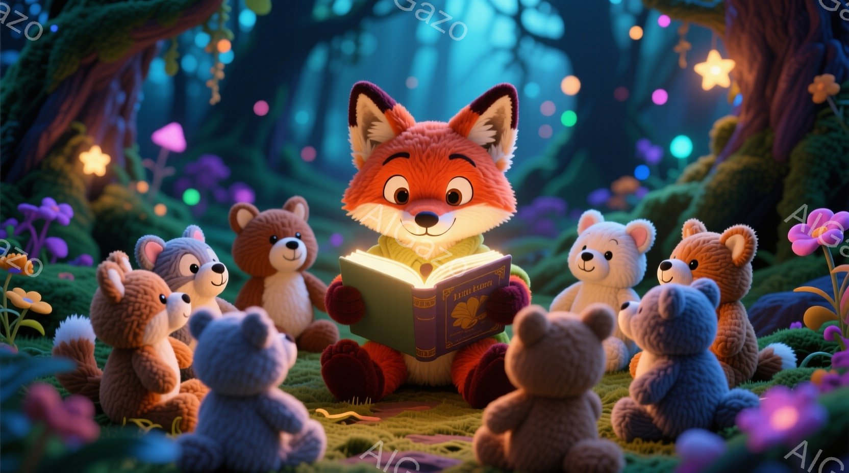 オレンジ色のキツネが、緑の芝生の上に座り、開いた本を読み聞かせている様子が描かれています。周りには、様々な毛色のテディベアたちが、キツネの周りを囲み、興味深そうに本に耳を傾けています。背景は鬱蒼とした - AI生成フリー素材