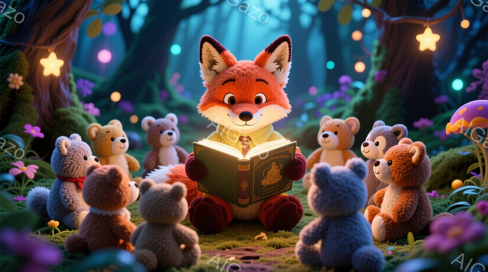 鮮やかな緑の草原で、オレンジ色の狐が、集まった小さなテディベアたちに本を読んでいます。狐は黄色のベストを着ており、テディベアたちはそれぞれ赤いリボンをつけています。背景には、様々なカラフルなキノコや花 - AI生成フリー素材