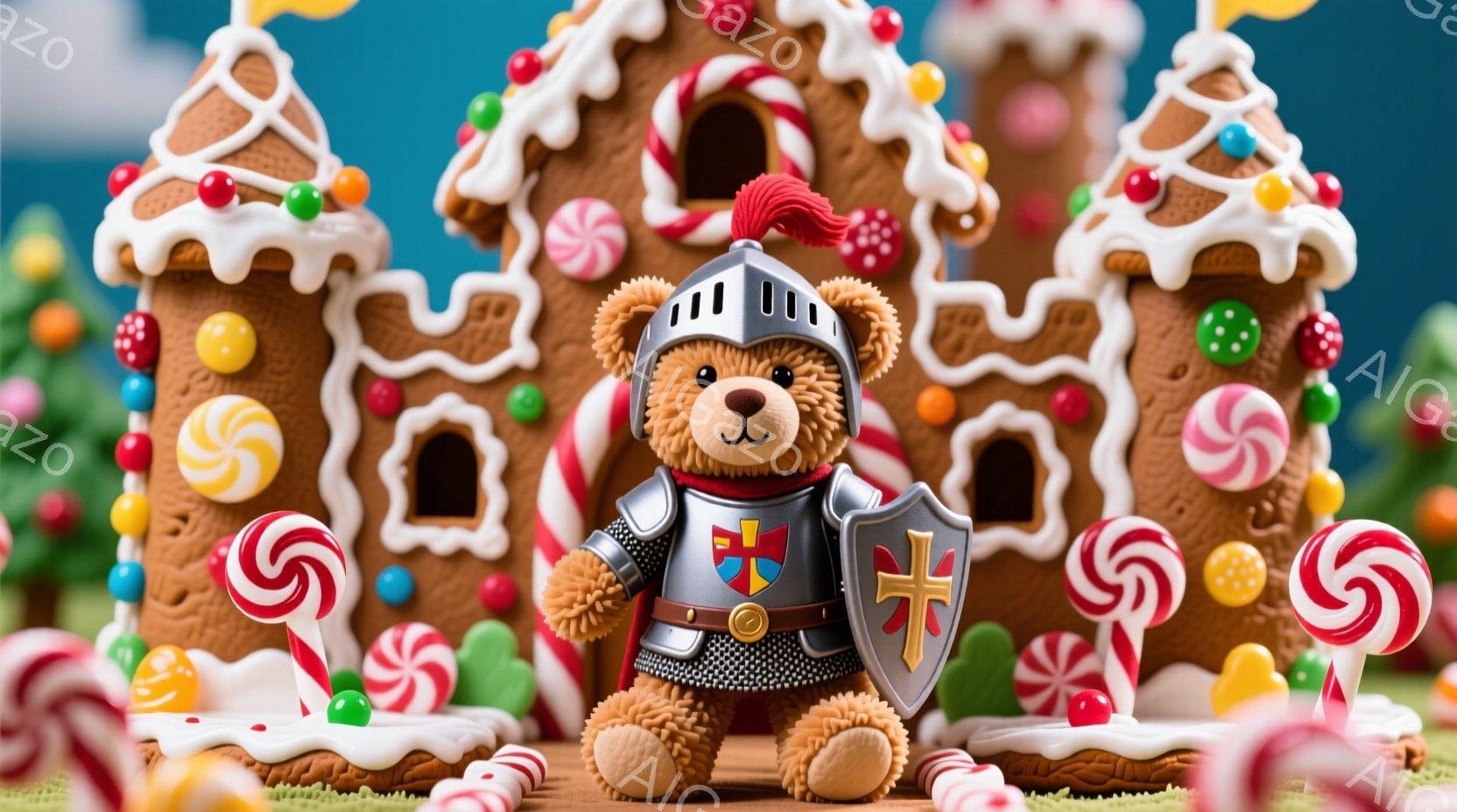 茶色のテディベアが中世の騎士の鎧を身に着けて立っており、胸には紋章が描かれた盾を持っています。背景には、カラフルなキャンディやグミで飾られた、お菓子で作られた家々が並び、緑の芝生の上に立っています。全体的に、おとぎ話のような、甘くて楽しい雰囲気が漂っています。