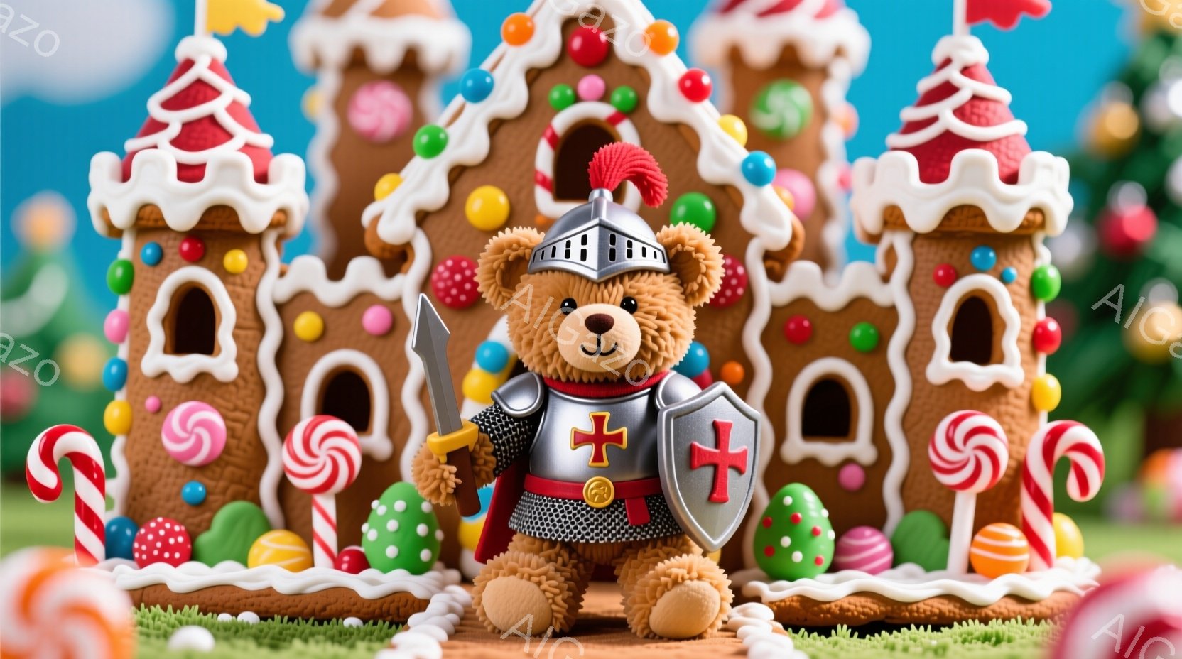 ぬいぐるみで作られた騎士が、剣を握り、中世の鎧を身につけて立っている。背景には、カラフルなキャンディやクッキーで飾られたお菓子の家が並び、緑の芝生と明るい青空が広がっている。全体的に、おとぎ話のような、ファンタジーで遊び心のある雰囲気が漂っている。