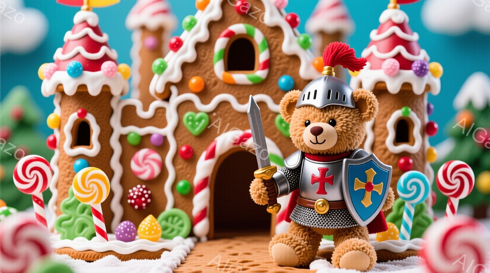 ぬいぐるみのような茶色の騎士が、お菓子の家を背景に立っています。騎士は銀色の鎧と赤色の羽飾りをつけ、片手に剣、もう片手に十字架の紋章が入った盾を持っています。背景には、キャンディやロリポップで飾られたお菓子の家と、緑色の木々が見え、まるでファンタジーの世界のようです。