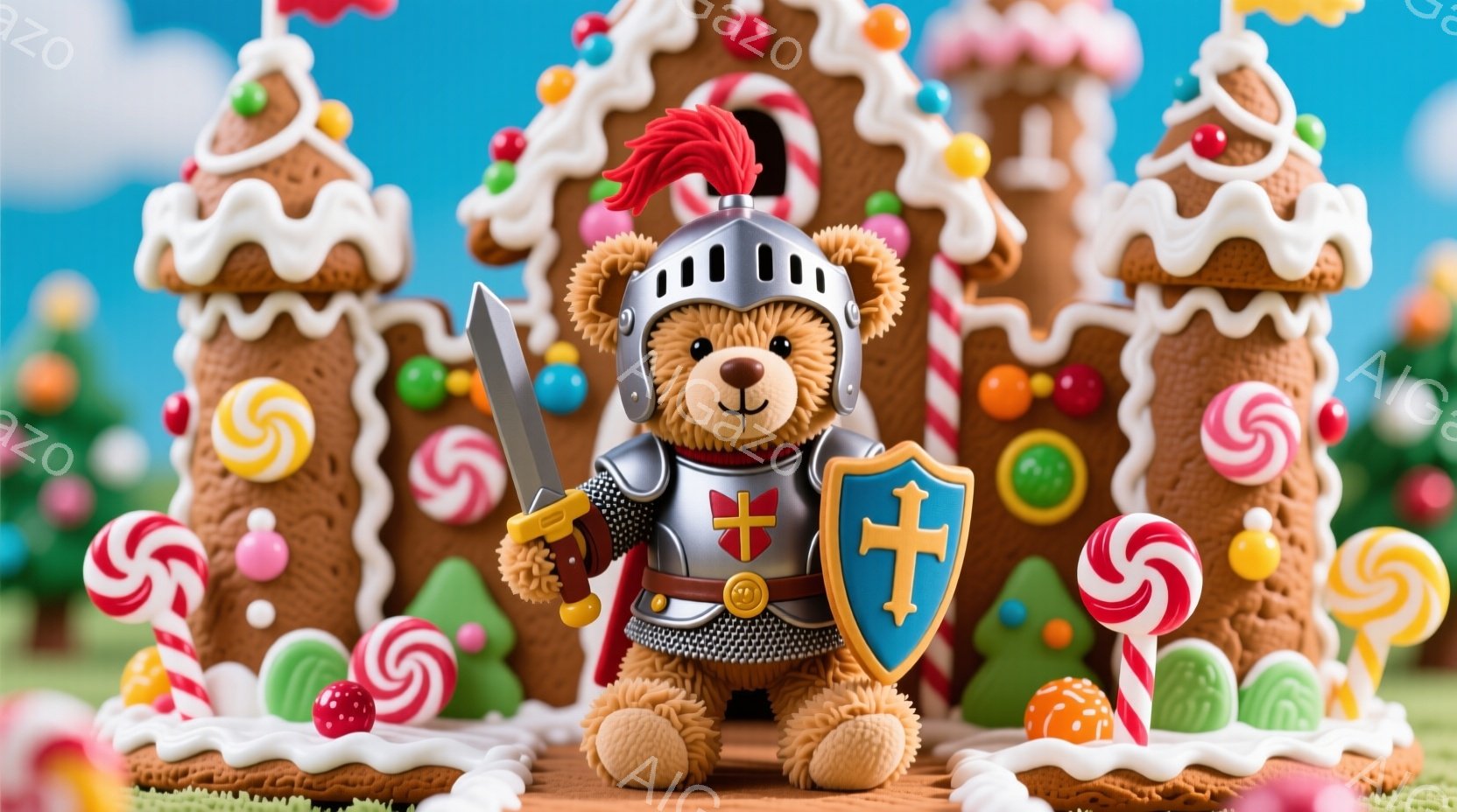 茶色のテディベアが中世の騎士の鎧を身に着けて立っています。ヘルメットには赤い羽根飾りがあり、手には銀色の剣、盾には十字模様が描かれています。背景には、キャンディやグミで飾られたジンジャーブレッドハウスが立ち並び、緑の芝生が広がっています。