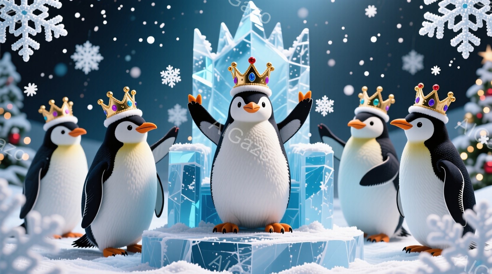 王冠をかぶったペンギンのグループが写っています。中央のペンギンは両手を上げており、他の2羽は両側に立って、少し体を傾けています。背景には、氷の彫刻のようなものが立ち並び、雪が降り積もる冬の景色が広がっています。