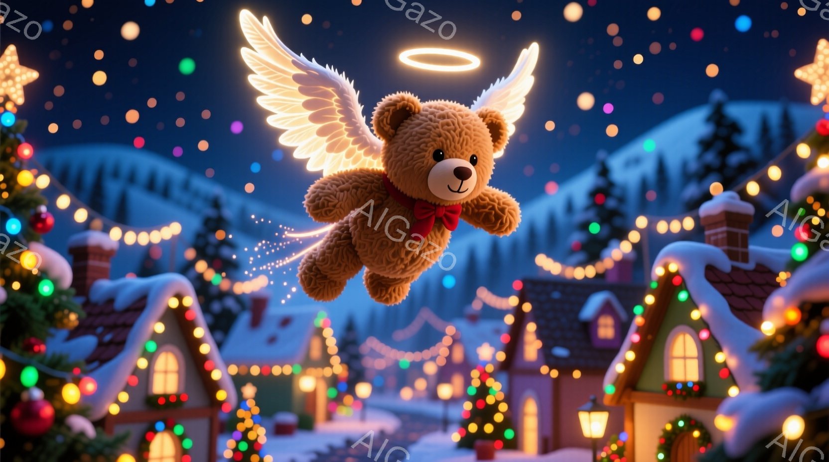 ふわふわの茶色のテディベアが、天使の翼と光輪をつけて夜空を飛んでいます。背景には、クリスマスツリーやイルミネーションで飾られた雪の降る可愛らしい家々が並び、暖かい光が灯っています。全体的に、夢のような、お祝いムードにあふれたクリスマスの夜の光景です。