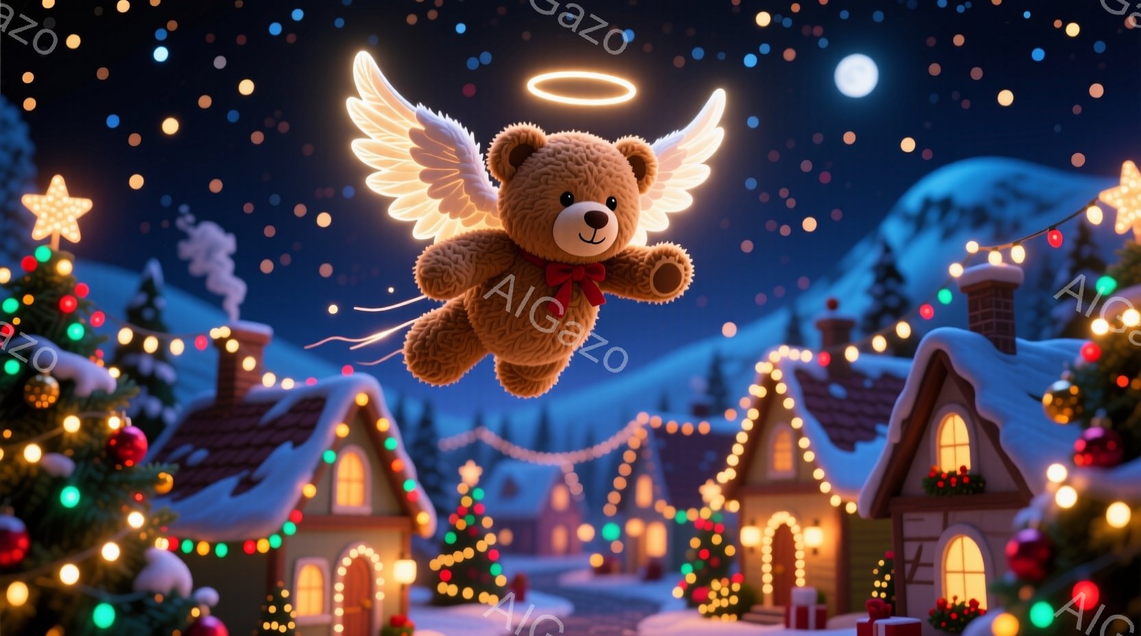 暖炉の光が灯る雪景色の中、翼と光輪をつけたテディベアが空を飛んでいる。背景には、クリスマス飾りで彩られた可愛らしい家々が並び、雪が降り積もっている。温かく幻想的な雰囲気が漂い、クリスマスの喜びを感じさせるイラストレーションだ。
