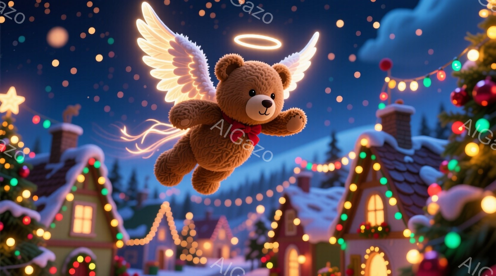 暖炉から立ち上る煙と装飾された家々が並ぶ冬の夜の風景の中に、赤いリボンをつけた茶色のテディベアが天使の翼を広げて空を飛んでいます。雪が降り積もり、家々の窓からは温かい光が漏れ、クリスマスのイルミネーシ - AI生成フリー素材