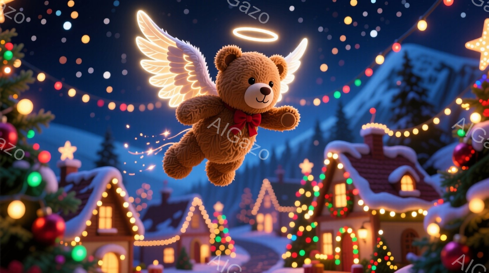 ふわふわの茶色のテディベアが、小さな天使の翼と赤いリボンをつけて空を飛んでいます。背景には、クリスマスの飾りでライトアップされた雪に覆われた家々が並び、遠くには雪山が見えます。全体的に暖かく、幻想的で、クリスマスの喜びを表現した雰囲気です。