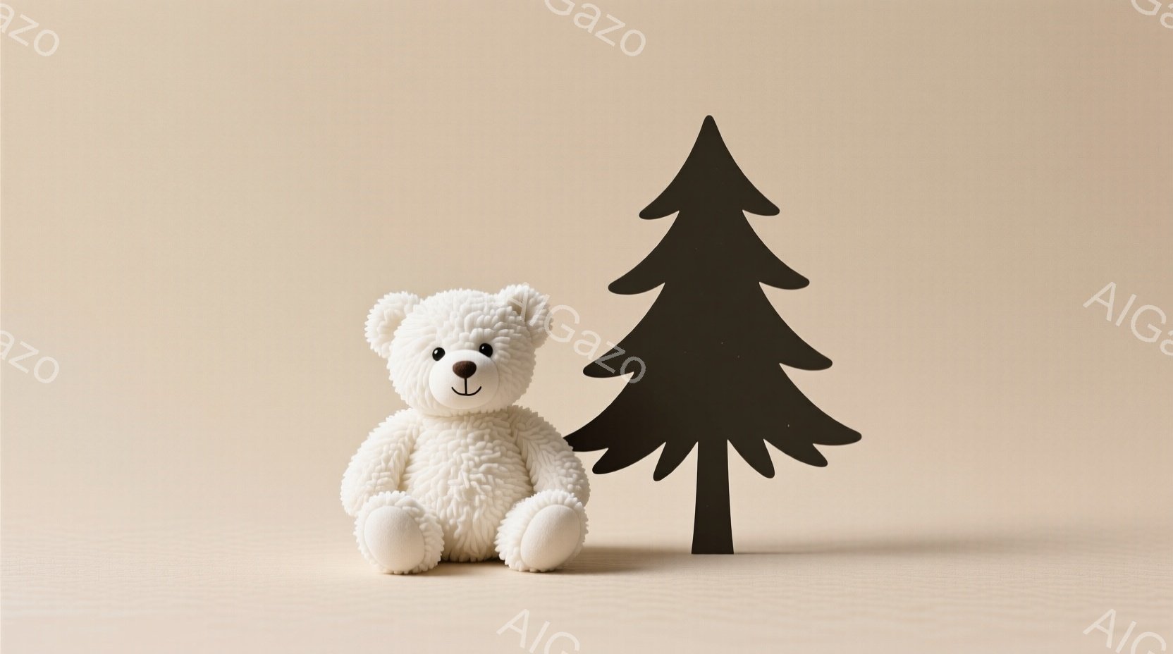 白いテディベアが、黒いシルエットのクリスマスツリーの隣に座っています。テディベアは明るい笑顔で、愛らしい表情をしています。背景は薄いベージュ色で、シンプルで穏やかな雰囲気を醸し出しています。 - AI生成フリー素材