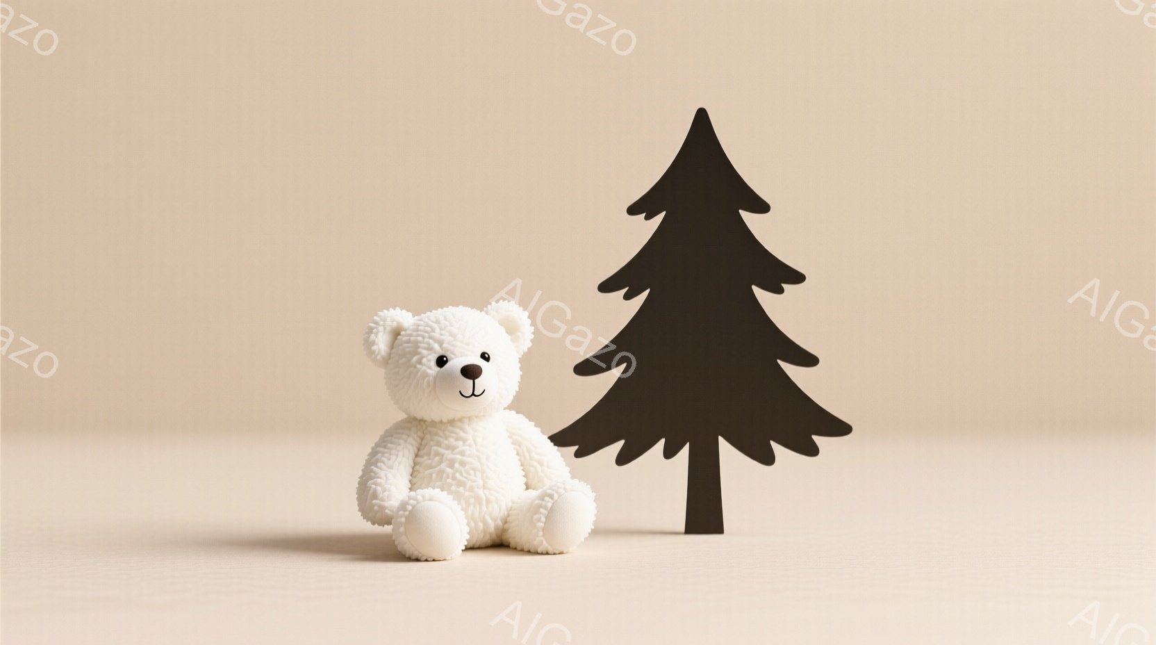 白いテディベアが左側に座っており、少し微笑んでいるように見えます。背景は明るいベージュ色で、右側には黒いシルエットのクリスマスツリーが立っています。全体的に穏やかで、温かい雰囲気の静止画です。 - AI生成フリー素材