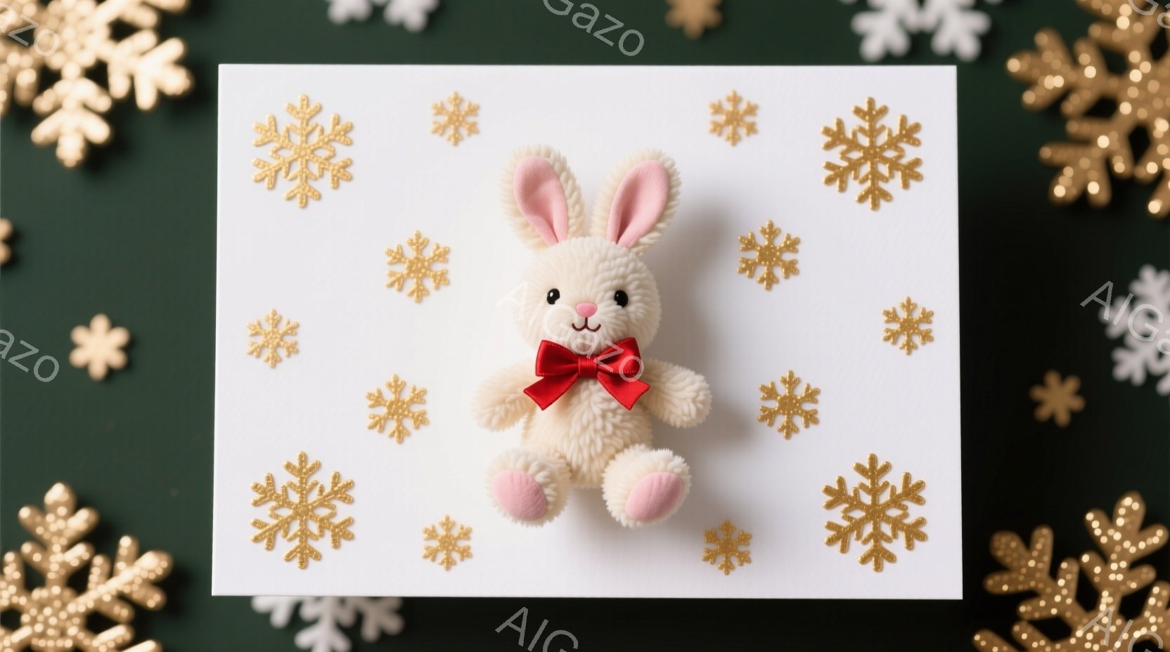 白い背景に、ピンクの耳と足を持つふわふわの白いウサギのぬいぐるみがあります。赤いリボンを結んでおり、可愛らしい表情をしています。背景には金色の雪の結晶が散りばめられており、冬の暖かく穏やかな雰囲気を醸し出しています。