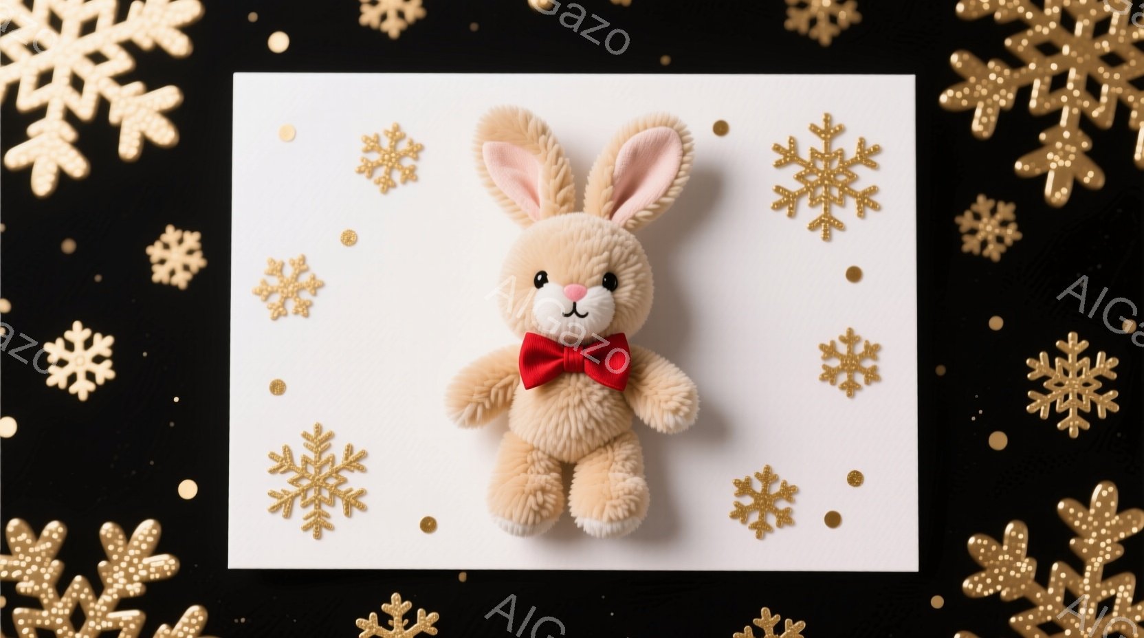 白い背景に、クリーム色のふわふわしたウサギのぬいぐるみがあります。赤い蝶ネクタイをつけており、可愛らしい表情をしています。背景には、金色のスノーフレークが散りばめられており、華やかで温かい雰囲気を醸し出しています。