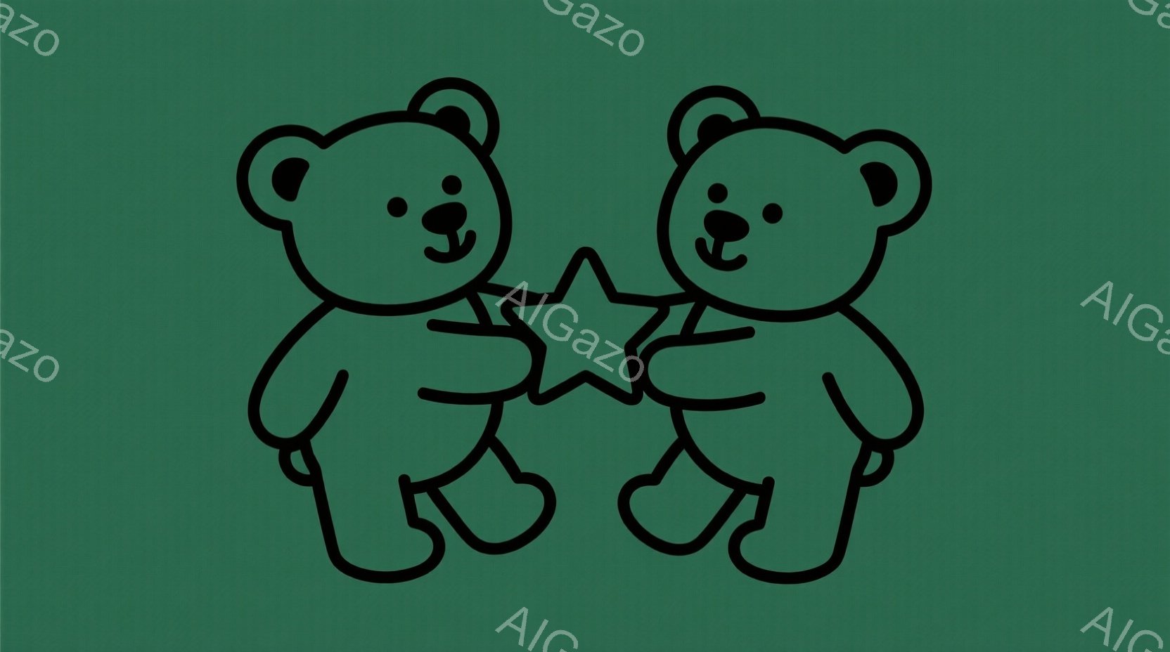 2匹のクマが正面を向き、星形のオブジェクトを両手で持っています。クマたちはシンプルで輪郭線のみのイラストで、可愛らしい表情をしています。背景は単色の濃い緑色で、クマたちを引き立てています。