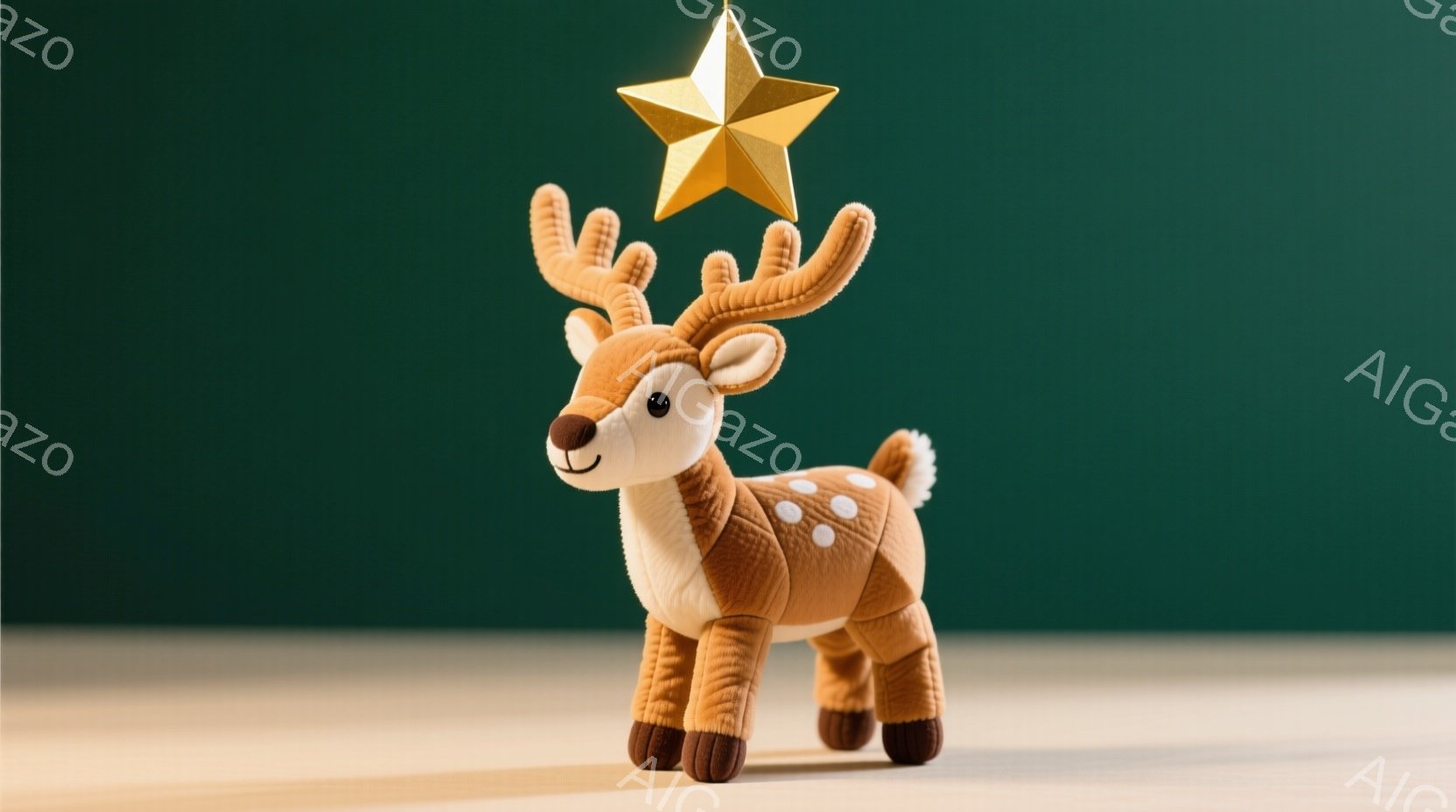 茶色と白の斑点模様の可愛いぬいぐるみのアラ鹿を描いています。ぬいぐるみは正面を向き、明るい表情で、背中には金色の星が輝いています。背景は深い緑色で、ぬいぐるみが引き立ち、全体的に温かく優しい雰囲気です。