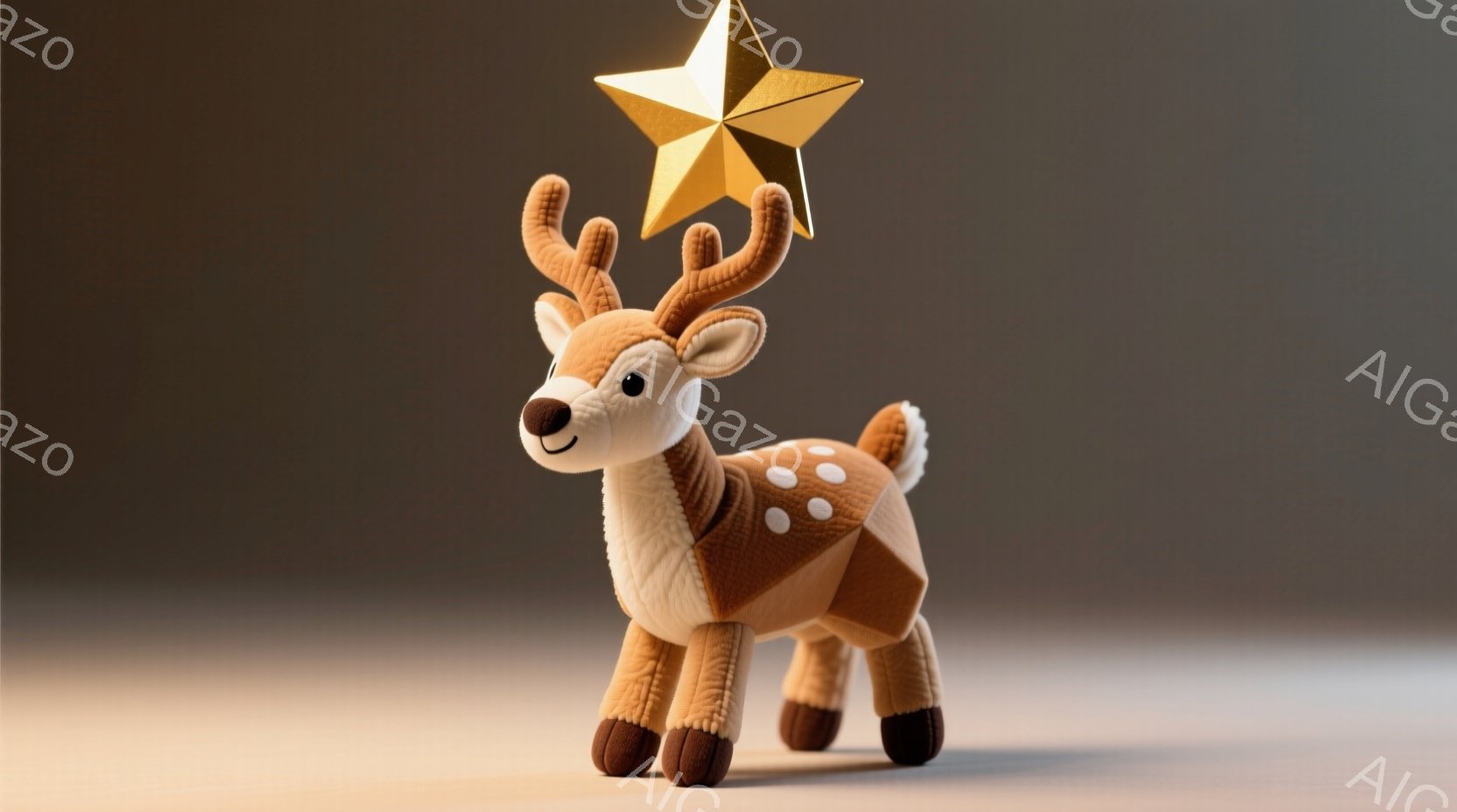 これはふわふわした茶色の鹿のぬいぐるみで、白地に茶色の斑点模様があります。頭の上には金色の星が輝いており、鹿は正面をまっすぐ見ており、穏やかな表情をしています。背景は柔らかいベージュ色で、全体的に温かく、優しい雰囲気です。