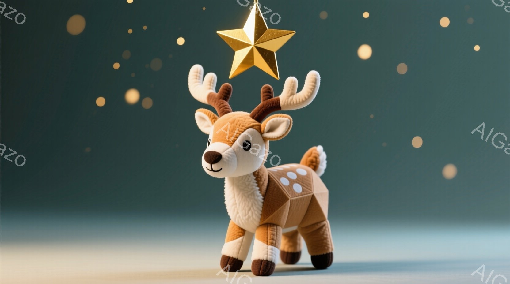 ふわふわとした茶色の鹿のぬいぐるみは、白い斑点模様が特徴で、愛らしい表情をしています。頭には金色の星の飾りがあり、前足を少し出して立っています。背景は深緑色で、ぼんやりとした光の粒子が散りばめられ、温かく優しい雰囲気を醸し出しています。