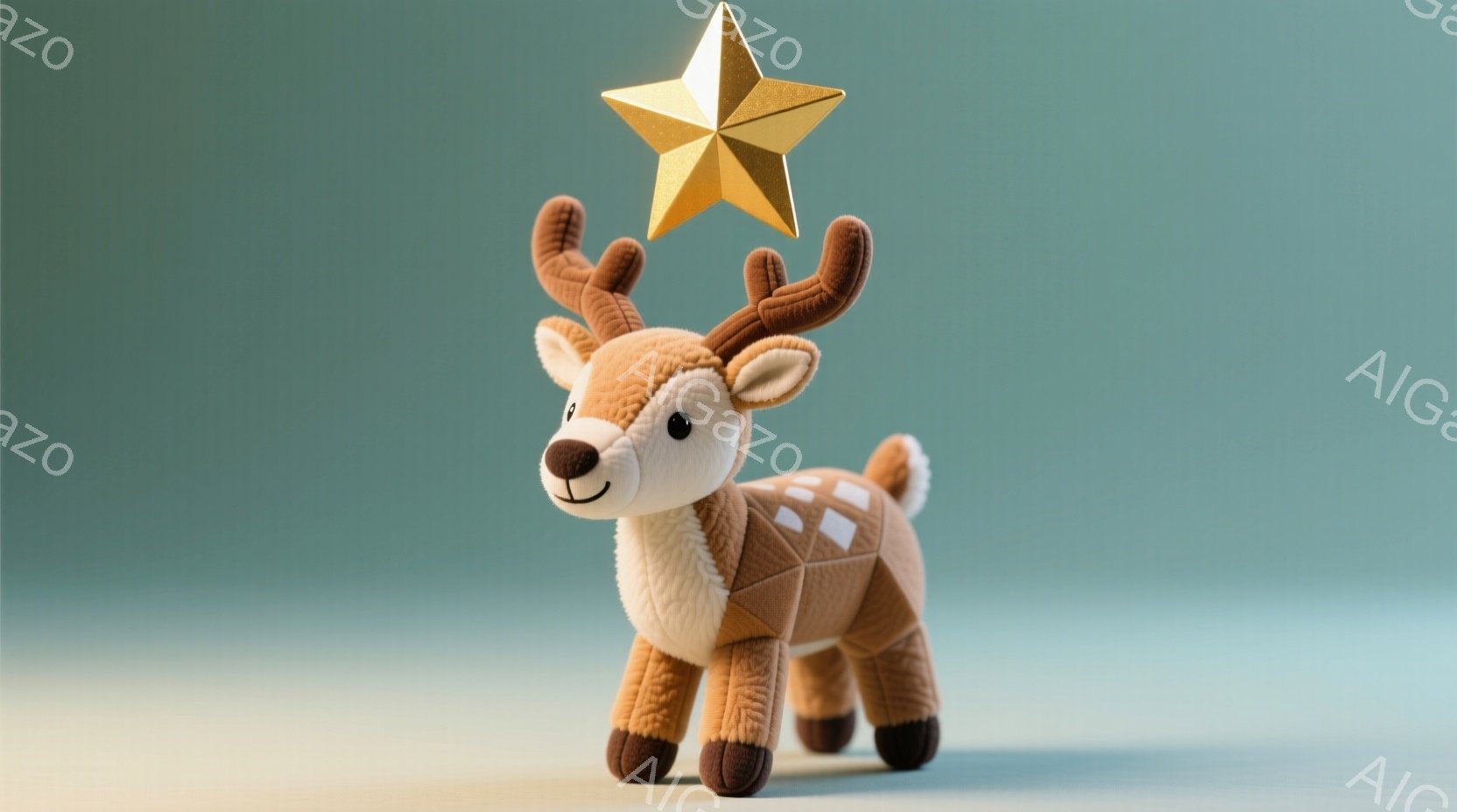 ふわふわの茶色の鹿のぬいぐるみは、白い胸と茶色の斑点模様が特徴的です。頭の上には金色の星が輝いており、まるで夢のような雰囲気を醸し出しています。背景は淡い緑色で、ぬいぐるみの温かみを引き立てています。 - AI生成フリー素材