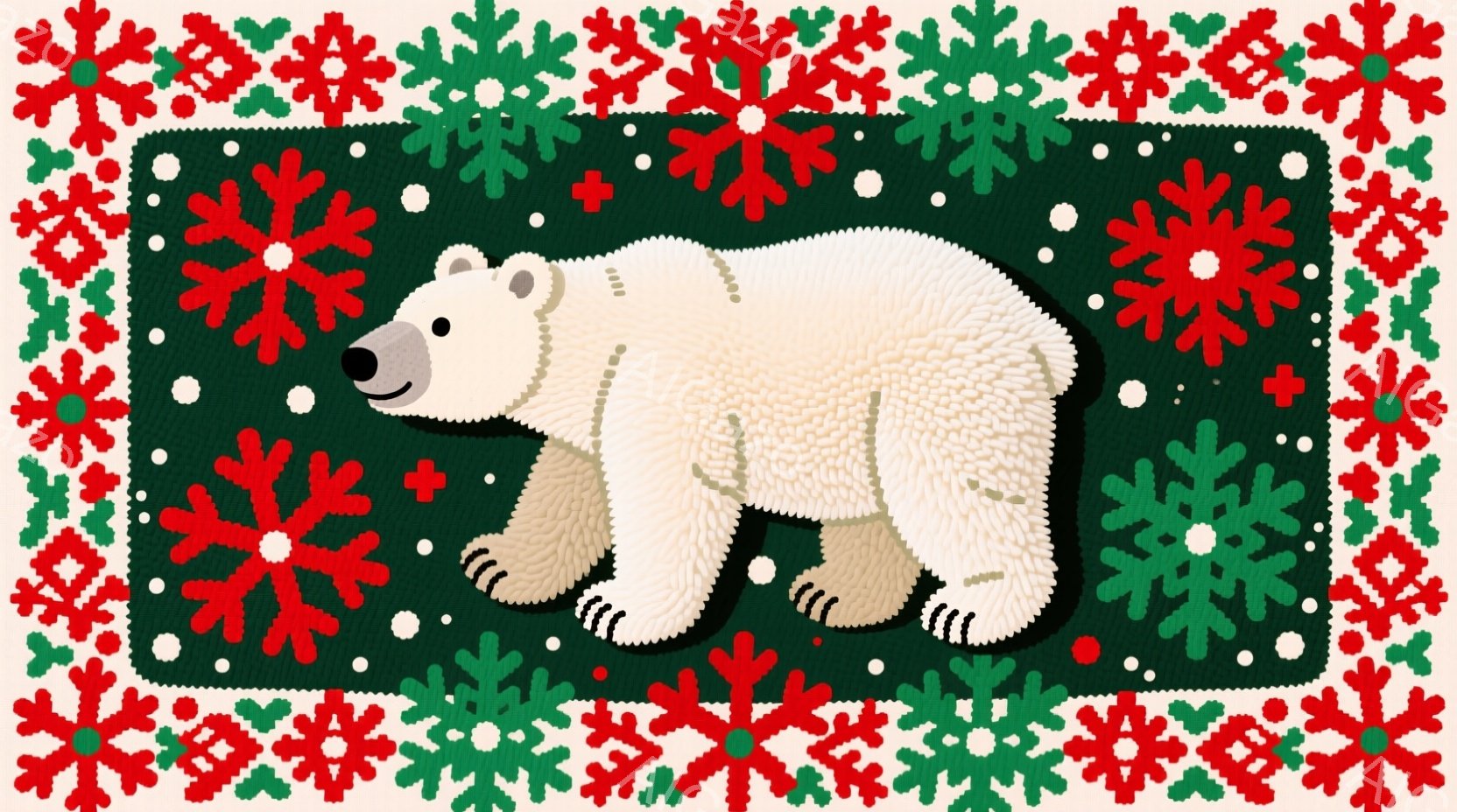 緑色の背景に赤い雪の結晶と白い雪のフレークが散りばめられたテキスタイルデザインです。中央には、白くふわふわとしたホッキョクグマが描かれており、少し体をねじって左側を見ている様子です。クマの足元には、濃い茶色の斑点があり、雪上を歩いているような印象を与えます。