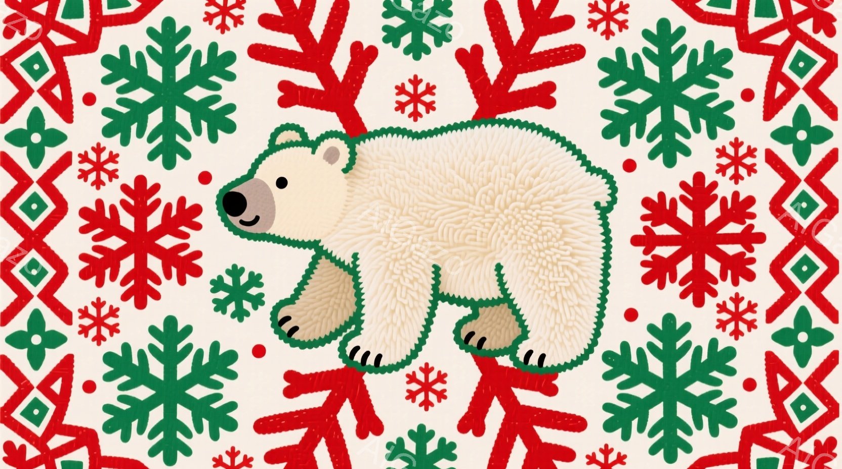 白い背景に、赤い葉のような模様と緑色の雪の結晶模様が散りばめられています。中央には、茶色の足と耳を持つ白いクマが描かれており、穏やかな表情をしています。クマは正面を向いており、リラックスした姿勢で立っ - AI生成フリー素材