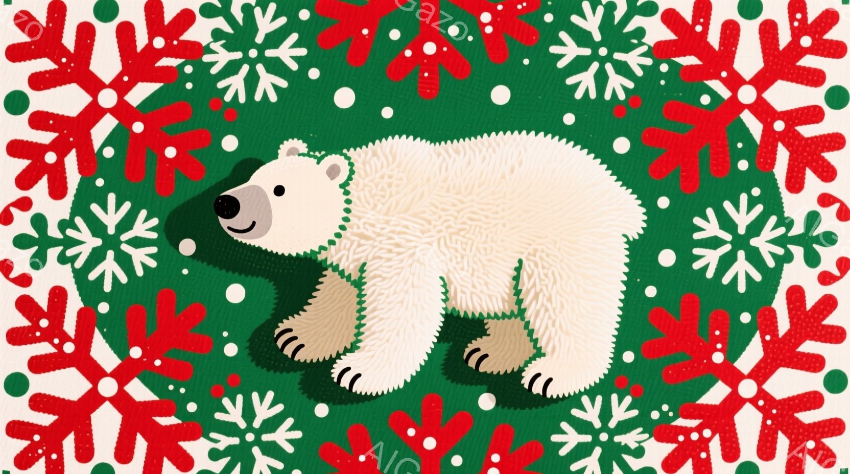 白い背景に緑色の模様が描かれ、その中央にホッキョクグマが立っています。クマは少し微笑んでおり、黒い目と鼻が特徴的です。背景には、赤と緑の雪の結晶模様が散りばめられ、全体的にクリスマスの雰囲気を醸し出し - AI生成フリー素材