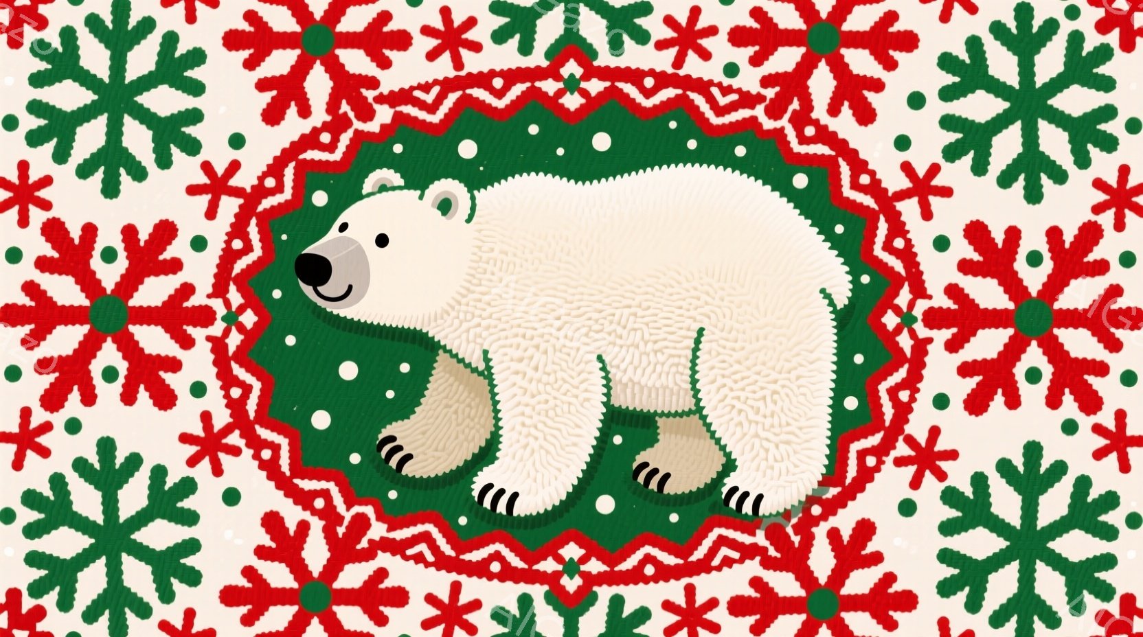白いテディベアのような北極熊が、緑色の背景に囲まれた赤い装飾の中に座っています。クマは赤いセーターを着ており、穏やかな表情を浮かべています。背景は、白い雪の結晶が散りばめられた赤い模様で覆われ、全体的に温かく、お祝いの雰囲気です。