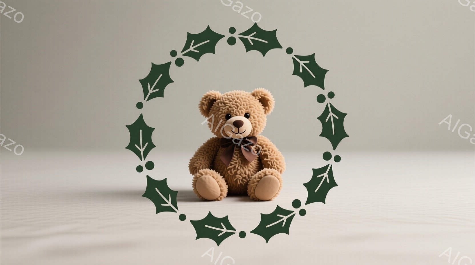 柔らかい茶色のテディベアが、白い背景に座っています。大きな黒い目が愛らしく、茶色のリボンが首に結ばれています。全体的に穏やかで優しい雰囲気が漂い、温かさを感じさせます。