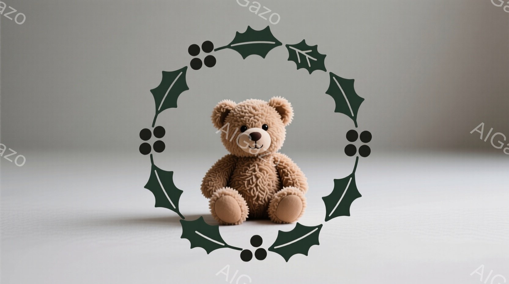 薄茶色のテディベアが白い背景に座っています。ベアは丸いフォルムで、つぶらな瞳と控えめな笑顔が愛らしい印象を与えます。背景は白一色で、テディベアが際立っており、温かく優しい雰囲気を醸し出しています。