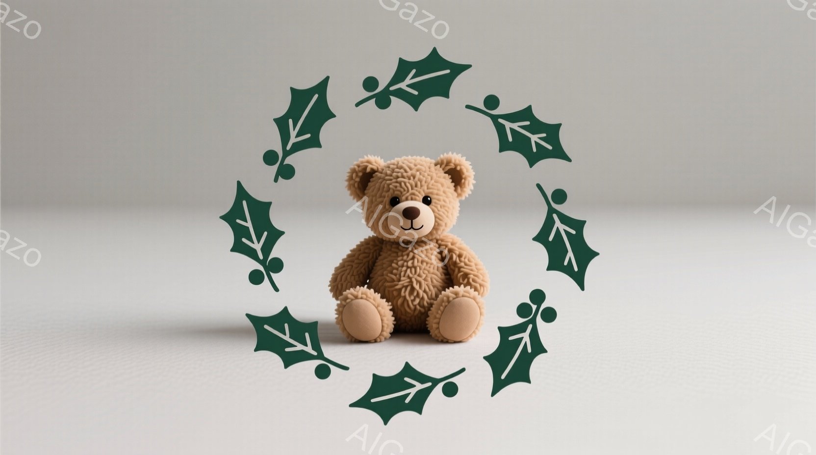 暖色系の茶色のテディベアが、白い背景の上に座っています。ベアは柔らかな毛並みで、つぶらな瞳と微笑みを浮かべており、可愛らしい印象を与えます。背景には緑色の葉っぱのイラストが円形に配置され、明るく穏やか - AI生成フリー素材