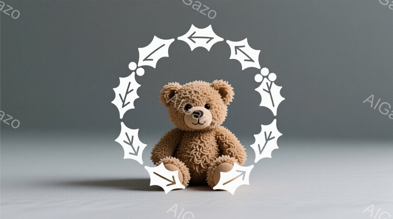 柔らかい茶色のテディベアが、薄いグレーの背景に座っています。ベアは丸みを帯びたフォルムで、つぶらな瞳と小さく微笑んだ口が特徴です。全体的に穏やかで優しい雰囲気が漂っています。