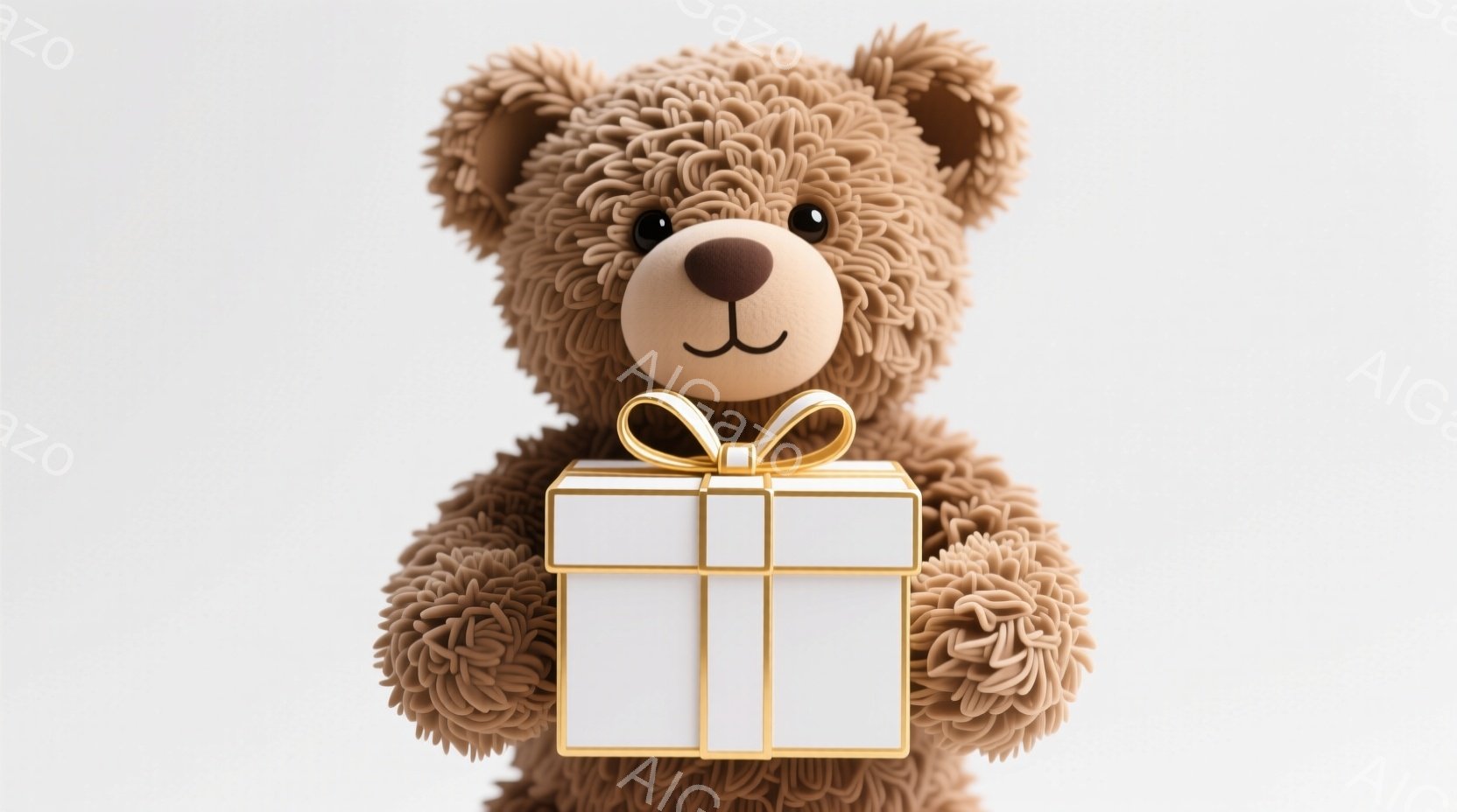 ぬいぐるみは茶色のモコモコした毛並みで、正面を向いています。右手に白いリボンと金色の装飾が施されたギフトボックスを持っています。背景は白く、全体的に温かく優しい雰囲気です。 - AI生成フリー素材