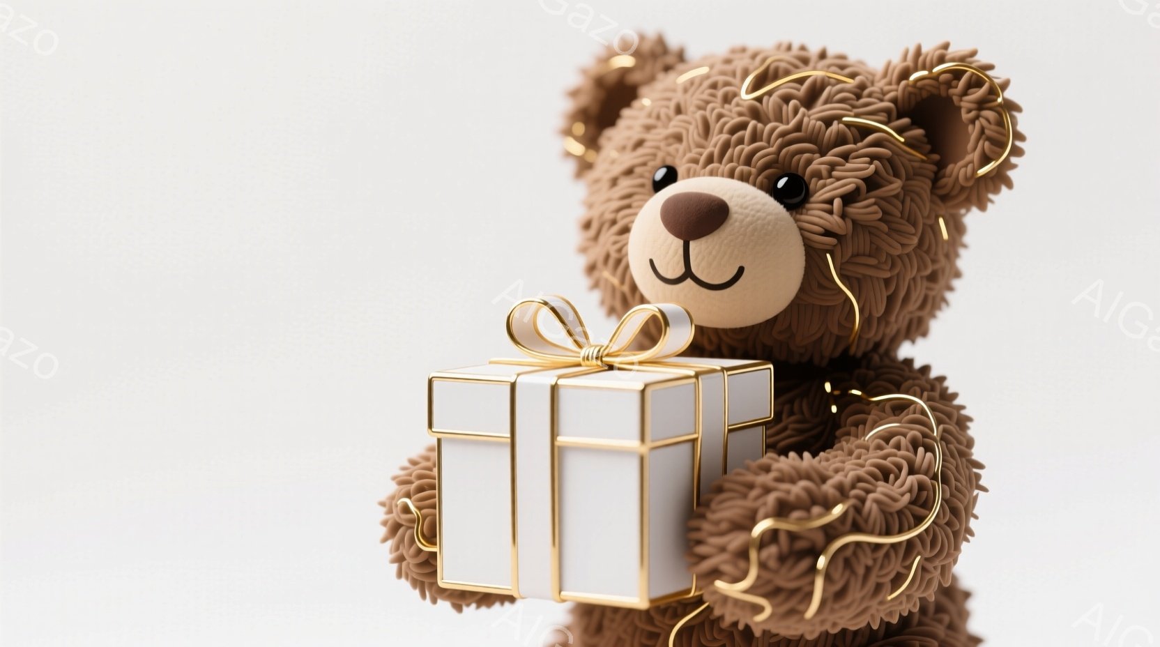 ふわふわの茶色のテディベアが、金の縁取りの白いギフトボックスを抱えています。ベアはつややかな黒い目と愛らしい笑顔で、温かく優しい印象を与えます。背景は淡い色で、ベアとギフトボックスが際立っており、お祝いやプレゼントのシーンに合う雰囲気です。