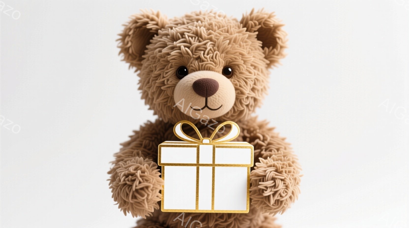 ふわふわとした茶色のテディベアが、金色のリボンが付いた白いプレゼントボックスを両手で抱えています。ベアは丸い目をしており、穏やかで愛らしい表情をしています。背景は白く、焦点は完全にテディベアとプレゼントに当てられています。