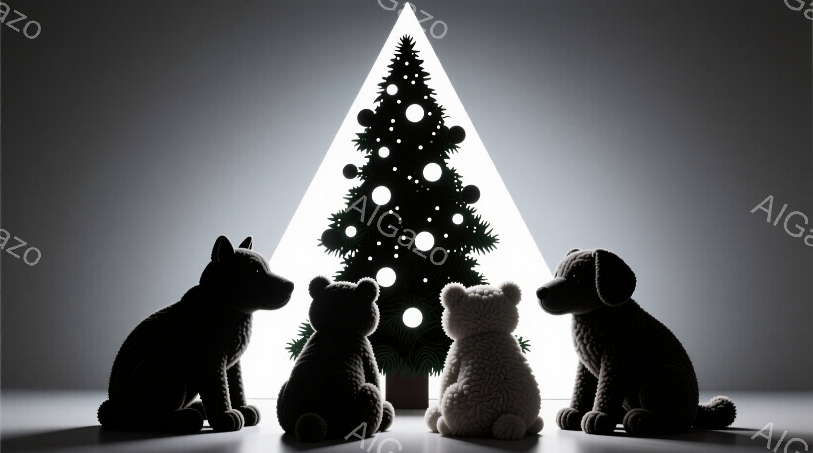 白い背景の前に座っている四匹のテディベアが写っています。左と右には犬のテディベア、中央にはクマのテディベアがおり、一番手前には白いクマのテディベアが座っています。背景には、光が差し込むクリスマスツリー - AI生成フリー素材