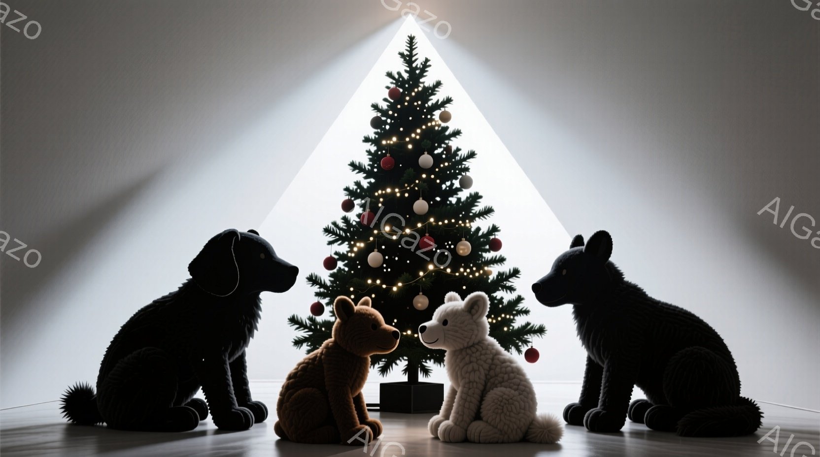 画面には、クリスマスツリーを背景に3匹の犬のぬいぐるみのような彫刻が座っています。黒い犬が左右に、茶色の犬と白い犬が中央に座っており、互いに向き合っているようです。背景は白く、光が上から降り注ぎ、全体 - AI生成フリー素材