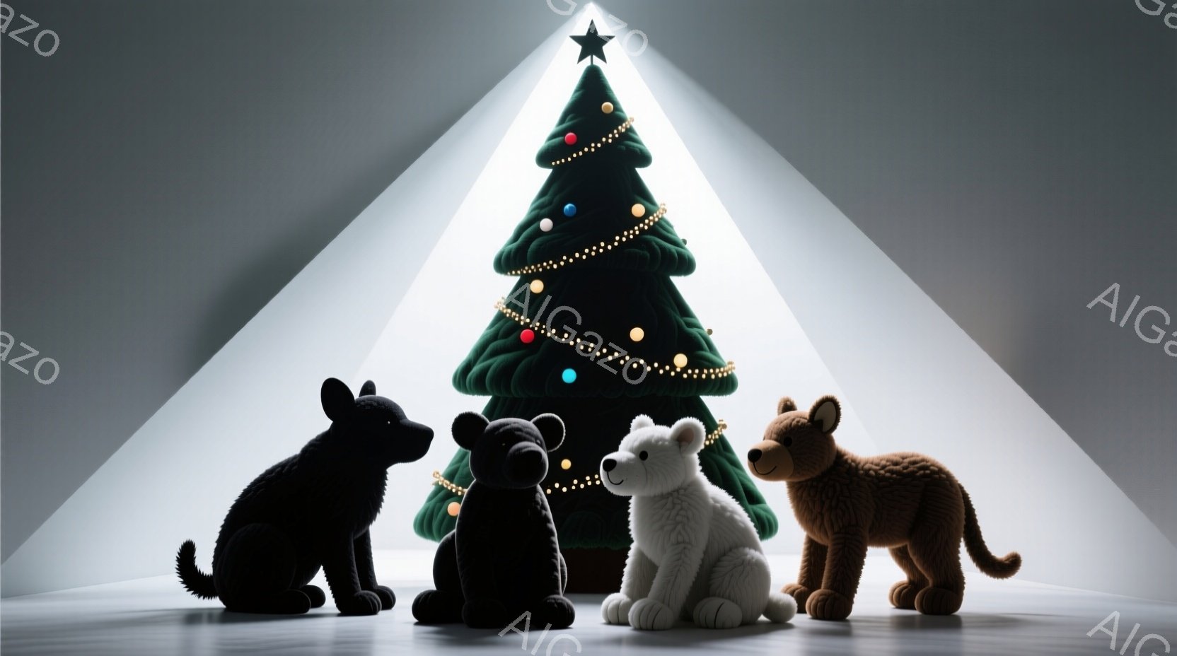 クリスマスの背景を前に、黒、黒、白、茶色の4匹のテディベアが座っています。背景には緑色のクリスマスツリーがあり、カラフルな電飾で飾られ、上には星が輝いています。全体的に柔らかく温かい雰囲気で、心地よいクリスマスの情景が表現されています。