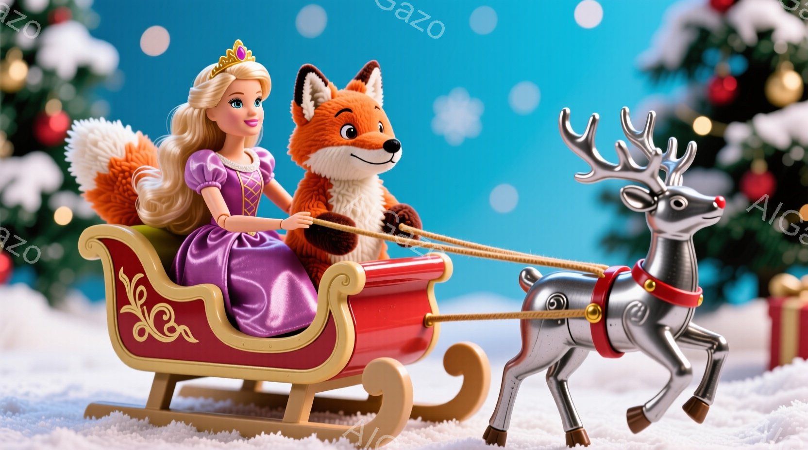 金髪碧眼の女性が紫色のドレスと金色の王冠を身につけ、そりに座っています。彼女の隣には、ふさふさした茶色の毛並みを持つ狐が寄り添っており、そりは金属製の角を持つ鹿に引かれています。背景には、雪景色とプレゼントの箱、そしてぼやけたクリスマスツリーが見え、温かく幻想的な雰囲気を醸し出しています。