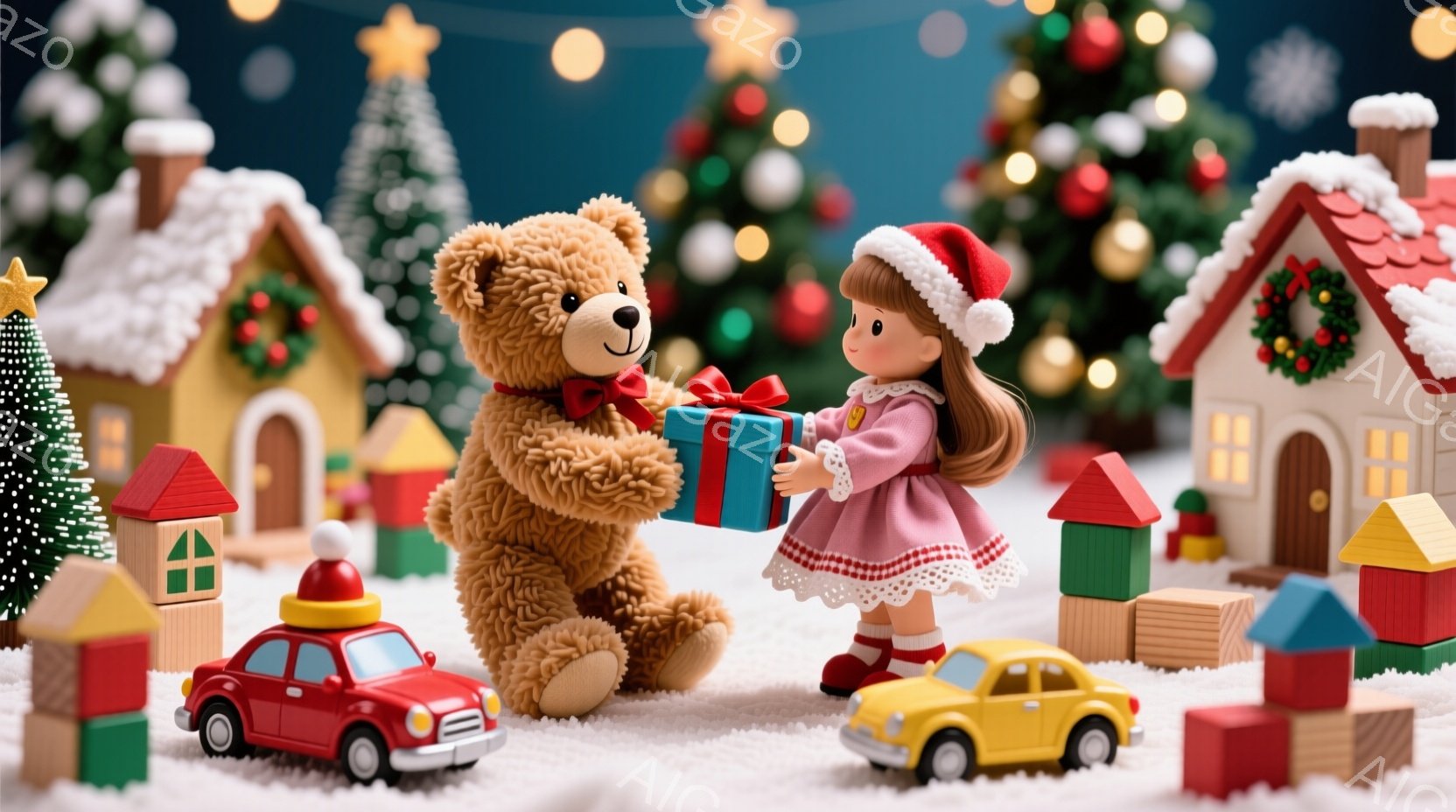 ピンク色のワンピースに赤い帽子をかぶった女の子が、大きな茶色のテディベアに青いプレゼントを渡しています。背景には、雪で覆われたおもちゃの家々やクリスマスツリー、そしてカラフルな積み木が散らばっており、 - AI生成フリー素材