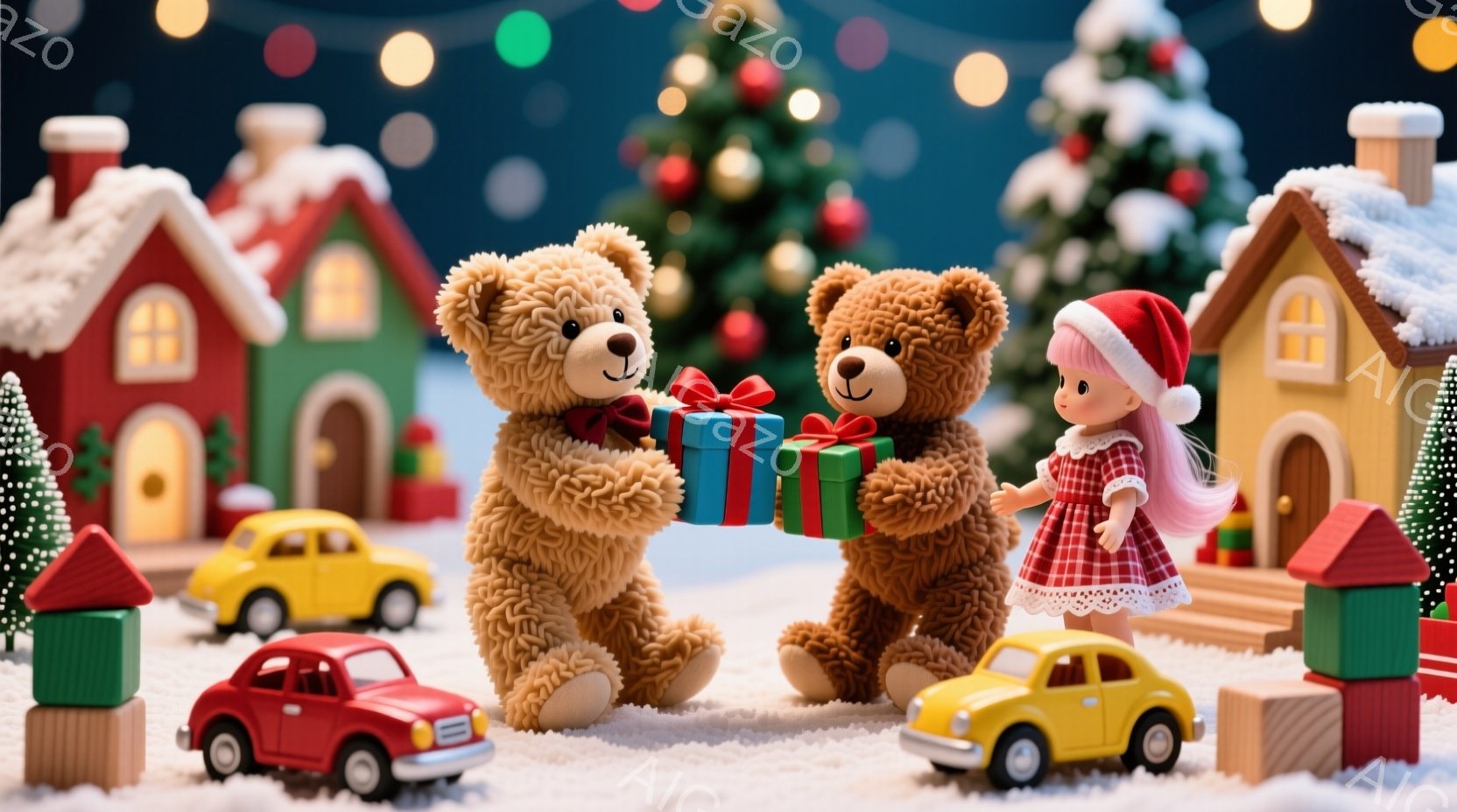 ぬいぐるみのようなクマと女の子が、雪景色の中でプレゼントを交換しています。女の子は赤い帽子をかぶり、水玉模様のドレスを着ており、クマは赤いリボンをつけています。背景には、雪で覆われたおもちゃの家々、車、積み木、そしてぼんやりとしたクリスマスツリーが描かれ、暖かく、お祝いの雰囲気を作り出しています。