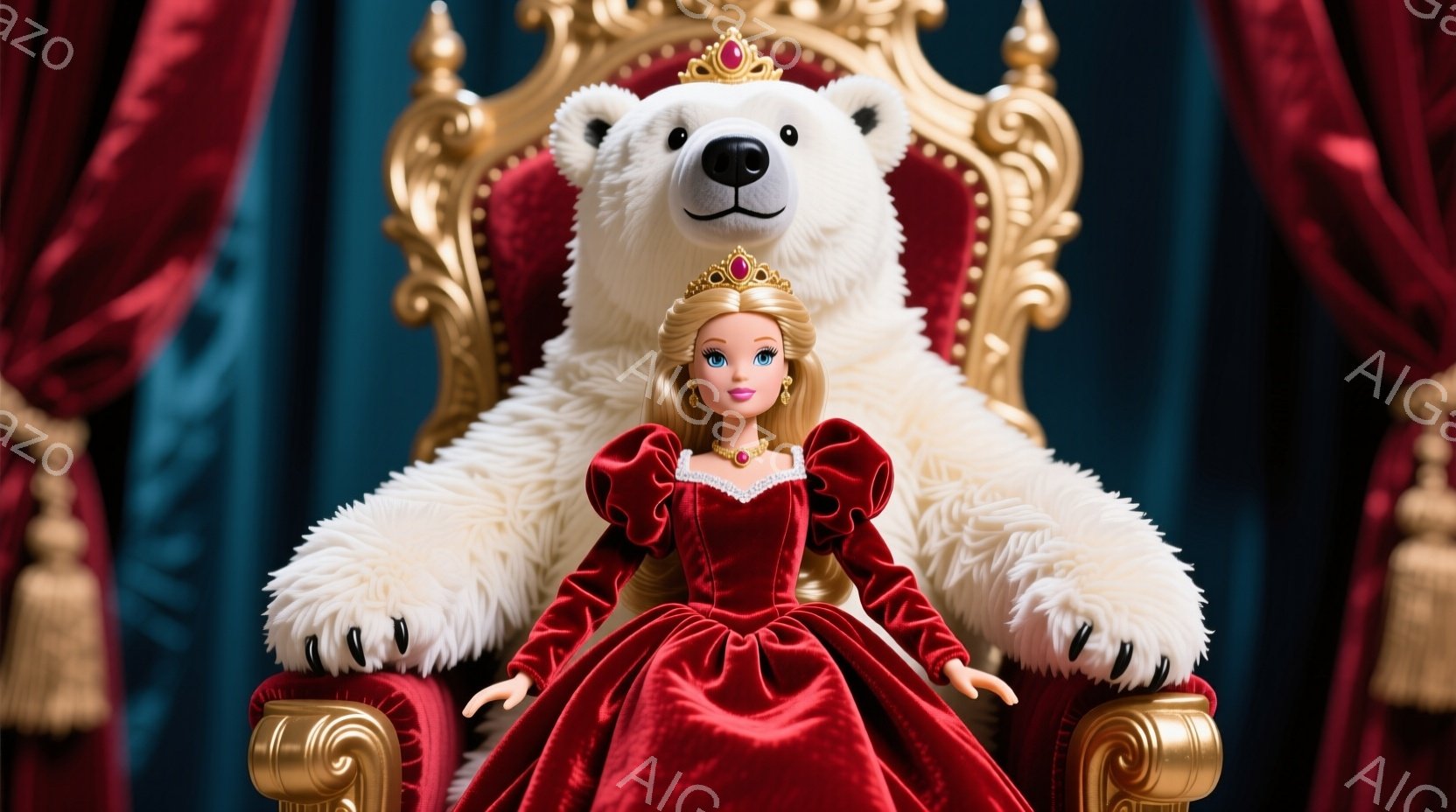 金色の王座に座った人形が写っている。深紅のベルベットのガウンと、宝石がちりばめられたティアラを身につけ、ブロンドのウェーブヘアが肩にかかっている。背景は深い青色のドレープと豪華な金色の装飾が施されており、全体的に壮大で高貴な雰囲気を醸し出している。