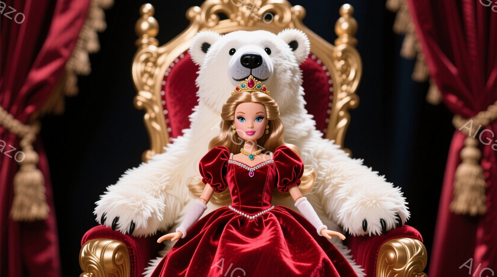 深紅の豪華なガウンを身に着けた女性が、大きな白い熊のぬいぐるみにもたれて座っています。彼女は金色の髪をカールさせ、ティアラをつけ、微笑みを浮かべています。背景は赤いベルベットのカーテンで、全体的に華やかで物語性のある雰囲気が漂っています。